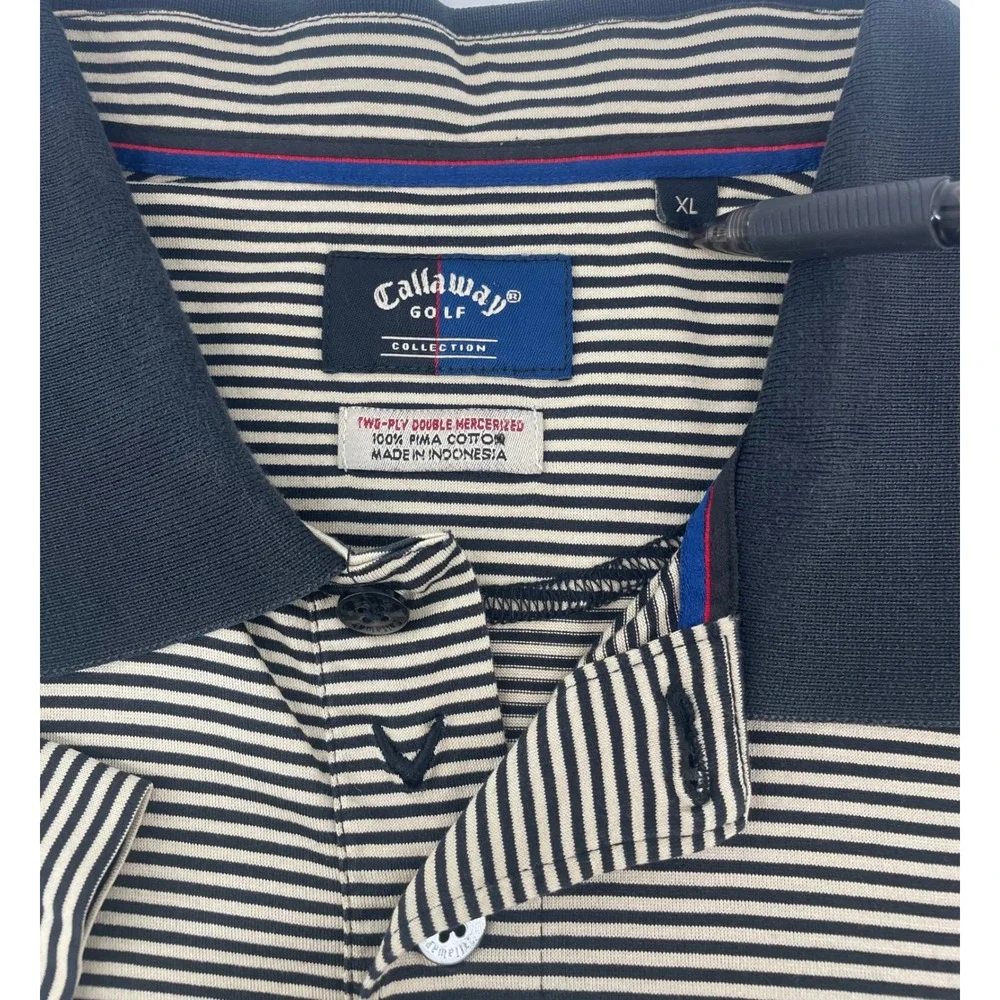 Callaway Golf Polo XL Navy Blue Cream Striped Pima Cotton Mercerized Short Slv - Picture 2 of 7